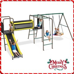 6 in 1 Metal Playground Swing Set Outdoor Play Set for Kids w/ Slide & 2 Swings