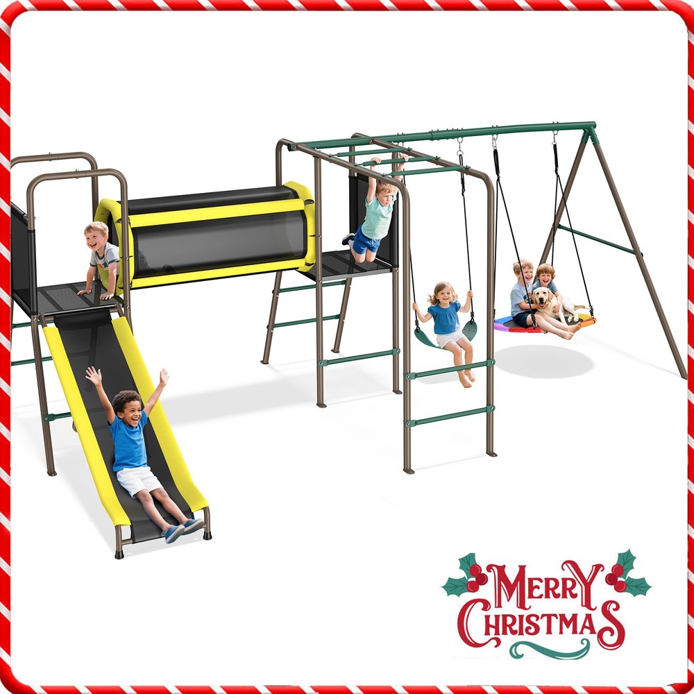 660lbs Playground Metal Swing Set Heavy Duty with Slide Outdoor Play for Kids