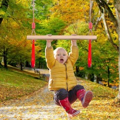PELLOR Playground Children’s Wooden Trapeze Swing Bar with Plastic Gym Rings Swi