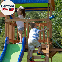 Beach Front Cedar Wood Swing Set with Wave Slide, Play Deck, Monkey Bars, Rock W
