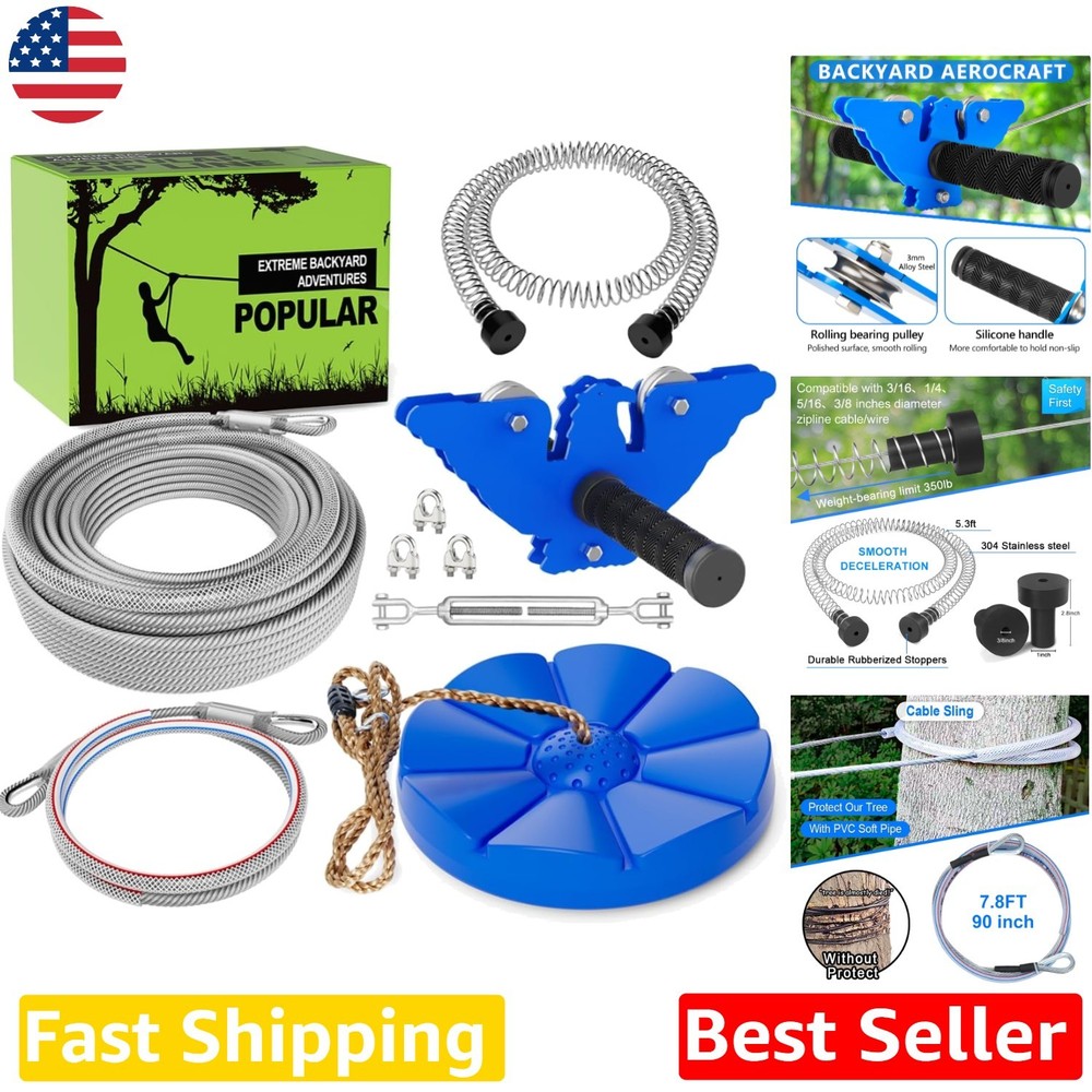 65ft Zipline Kit | Stainless Steel Trolley, Swing Seat, Spring Brake | Fun