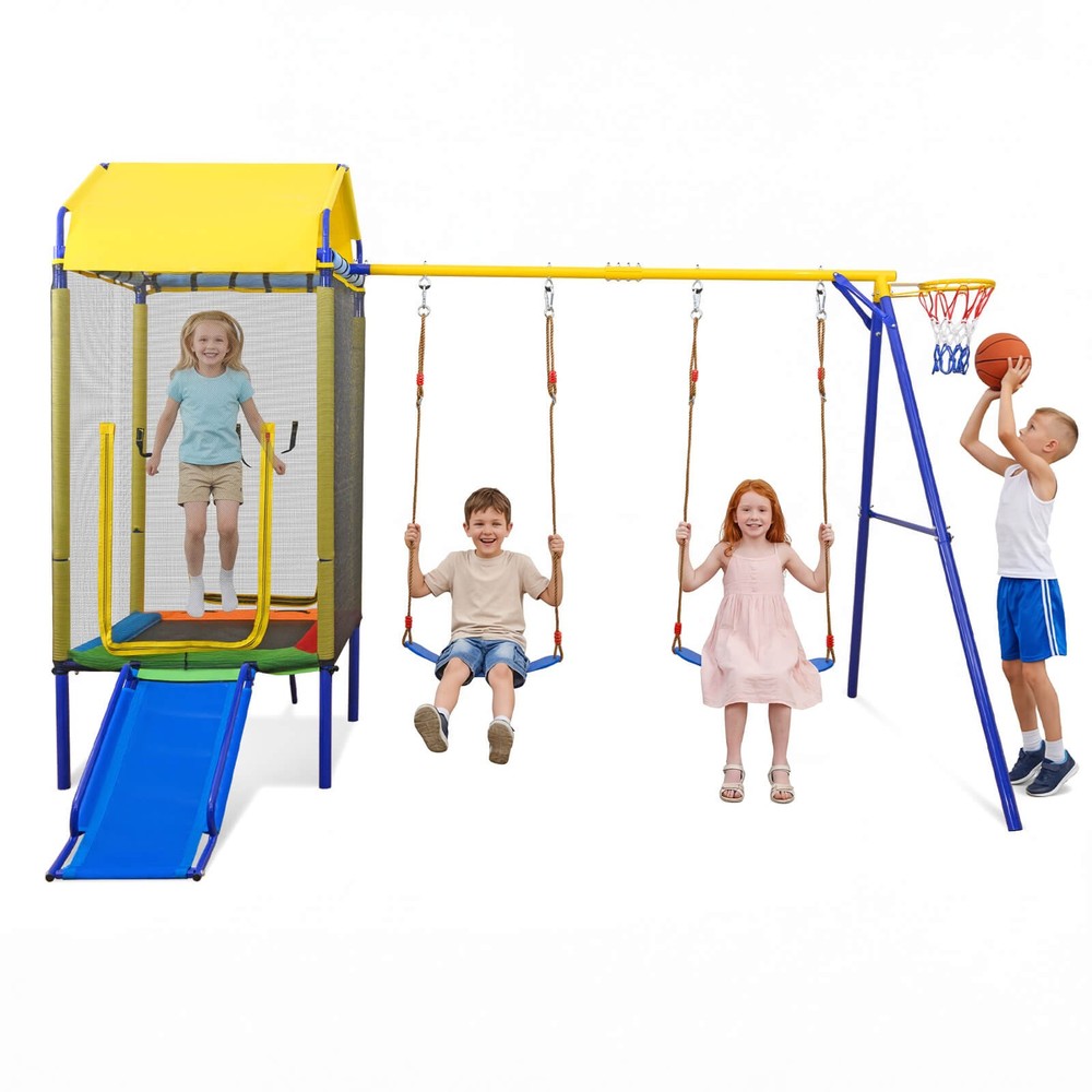 5-in-1 Kids Swing Set w/Trampoline Roof 2 Belt Swings Slide Ladder for Children