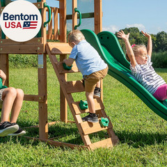 Buckley Hill Cedar Wood Swing Set with Wave Slide, Play Deck, Rock Wall Ladder,