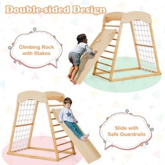 6-in-1 Wood Jungle Gym Montessori Climbing Play Set w/Double-sided Ramp Natural