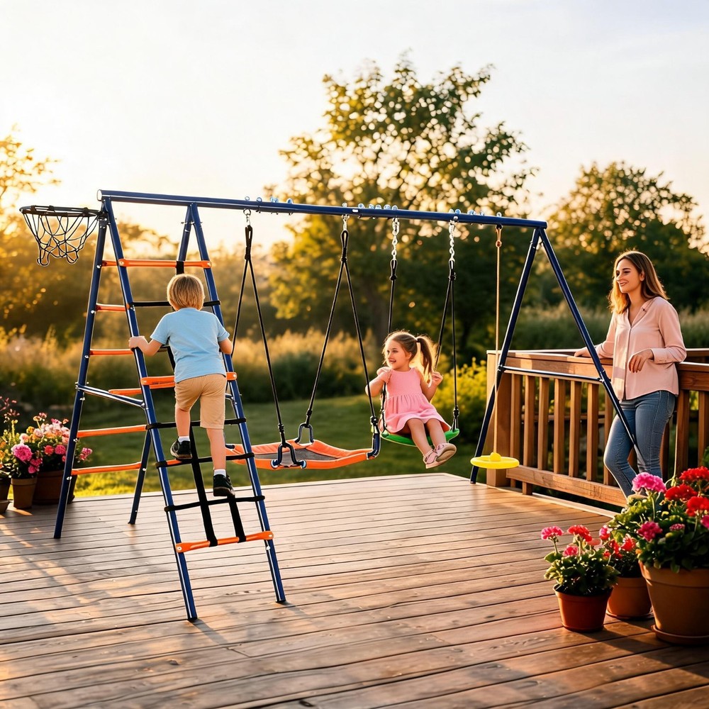 Outdoor Kids Swing Set W/3 Seats Swing Set for Backyard 550lbs Capacity A-Frame