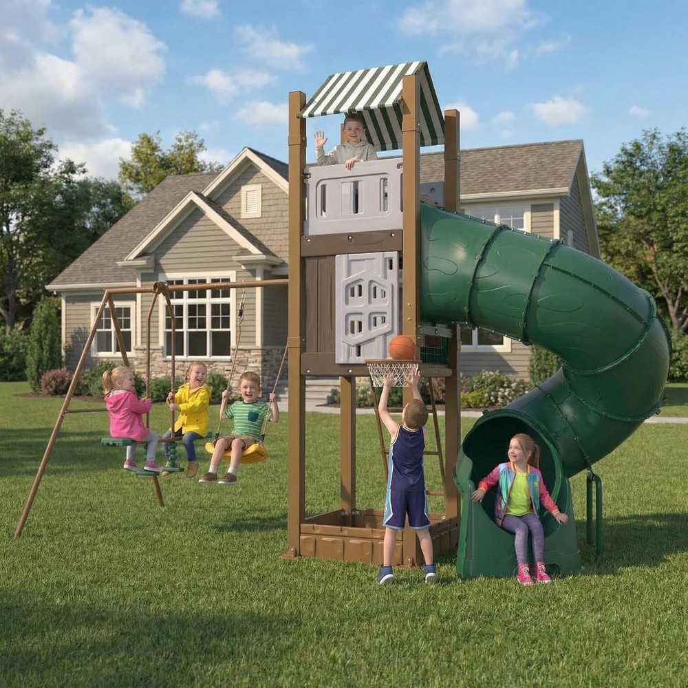 Backyard Playground Swing Set Kids Play House Tube Slide Sandbox Basketball Hoop
