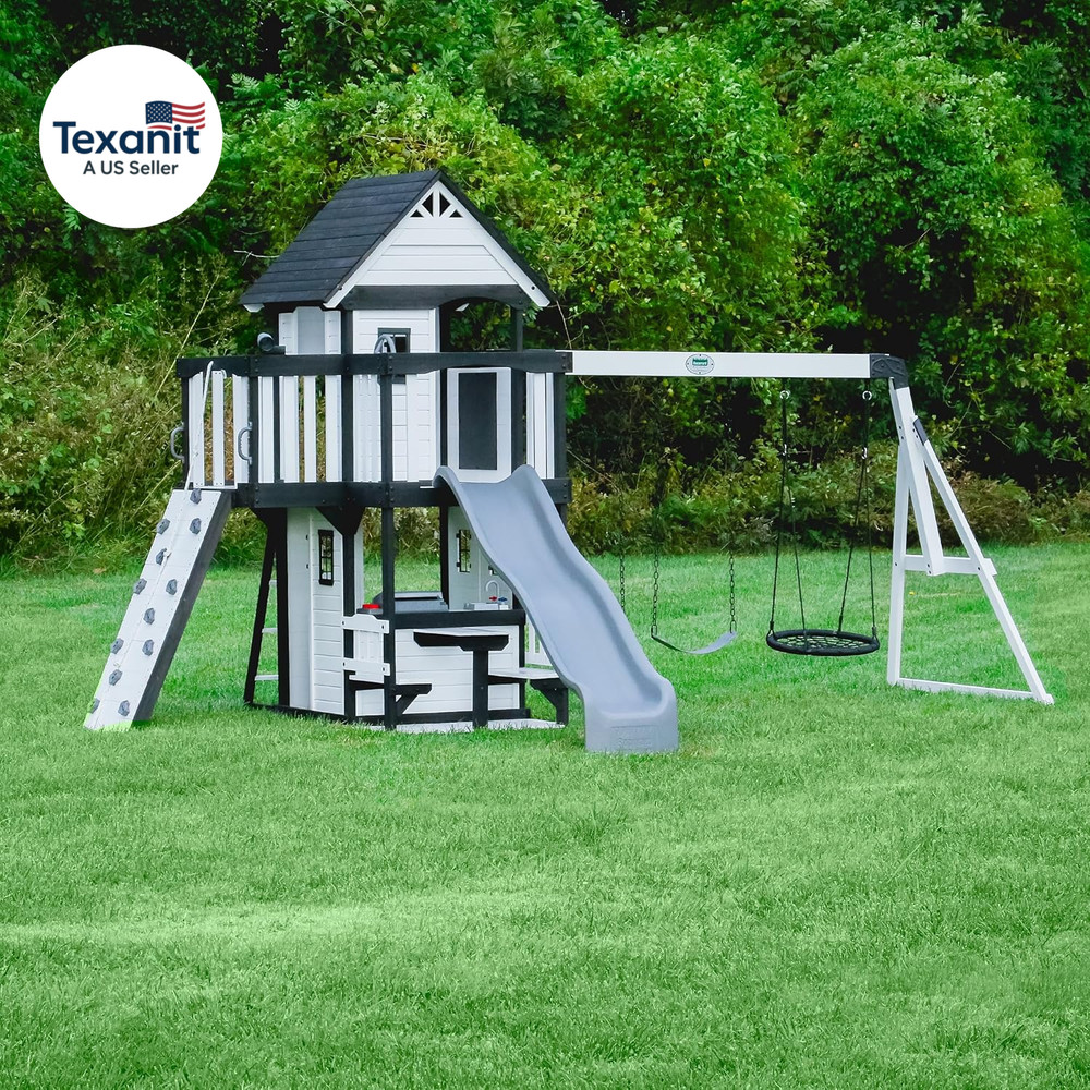 Backyard Discovery Canyon Creek White Cedar Wood Swing Set with Wave Slide, Club