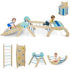 Spaceman Theme Wooden Montessori Climbing Set w/Arch Ramp Climbing Rope & Ladder