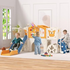 Toddler Slide Set with Basketball Hoop, Golf Game & Drawing Board, 13-in-1 In…