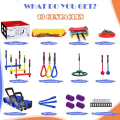 Ninja Warrior Obstacle Course for Kids Backyard-65Ft Slackline Kit with 13 Obsta