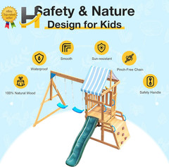 Wooden Swing Set Swings Slide Climbing Rope Ladder for Kids Ages 3-10
