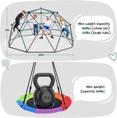 Hapfan 10ft Climbing Dome Swingset w/ Saucer Swing Jungle Gym for Kids Backyard