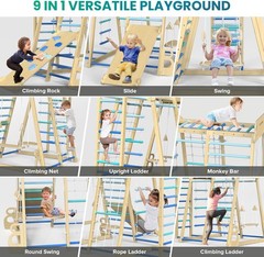 Indoor Jungle Gym 9-in-1 Wooden Montessori Climbing Kids Toys w/Slide, Swing, Mo