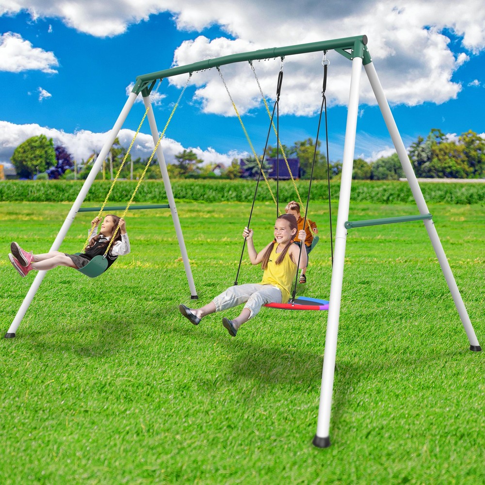 9.5′ Heavy Duty A-Frame Stand Swing Sets for Backyard Kids Adults with 3 Swings