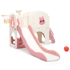 6 in 1 Toddler Slide Playset Climber Playground for Kids w/ Basketball Hoop Pink
