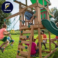 Backyard Discovery Belmont Cedar Wood Swing Set with Wave Slide Play Deck Rock