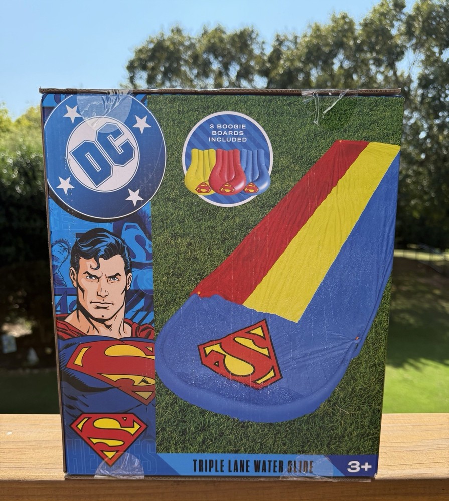 BRAND NEW DC Superman 20ft Triple Lane Water Slide With 3 Boogie Boards