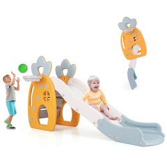 Indoor Foldable Kids Slide w/ Climber Basketball Hoop & Ball Buffer Zone