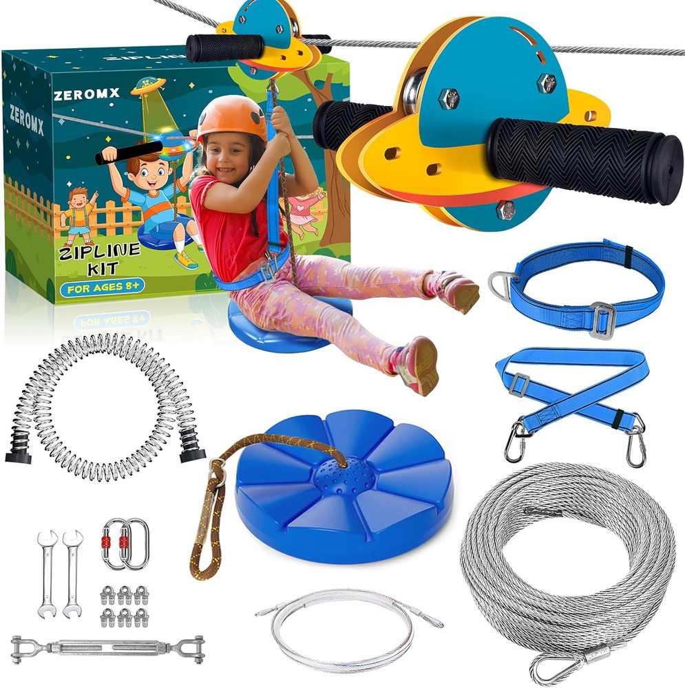Zip Line Kit for Kids and Adults Outdoor, UFO Trolley 75/100/120/150Ft Zipline f