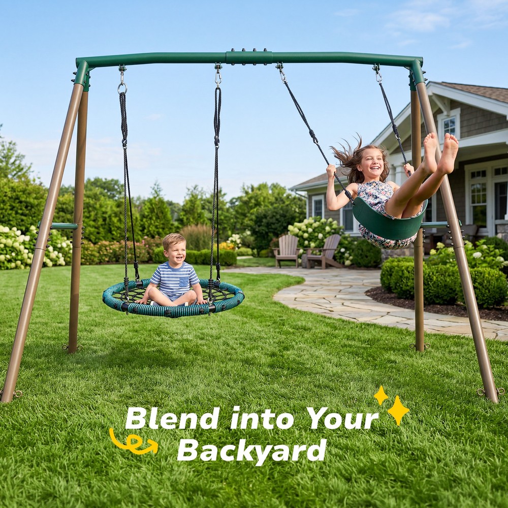 500lb Heavy Duty Swing Set for Kids Adult Backyard w/2 Swings & 7.5ft Tall Frame