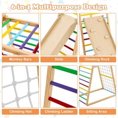 6-in-1 Wood Jungle Gym Montessori Climbing Play Set w/Double-sided Ramp Colorful