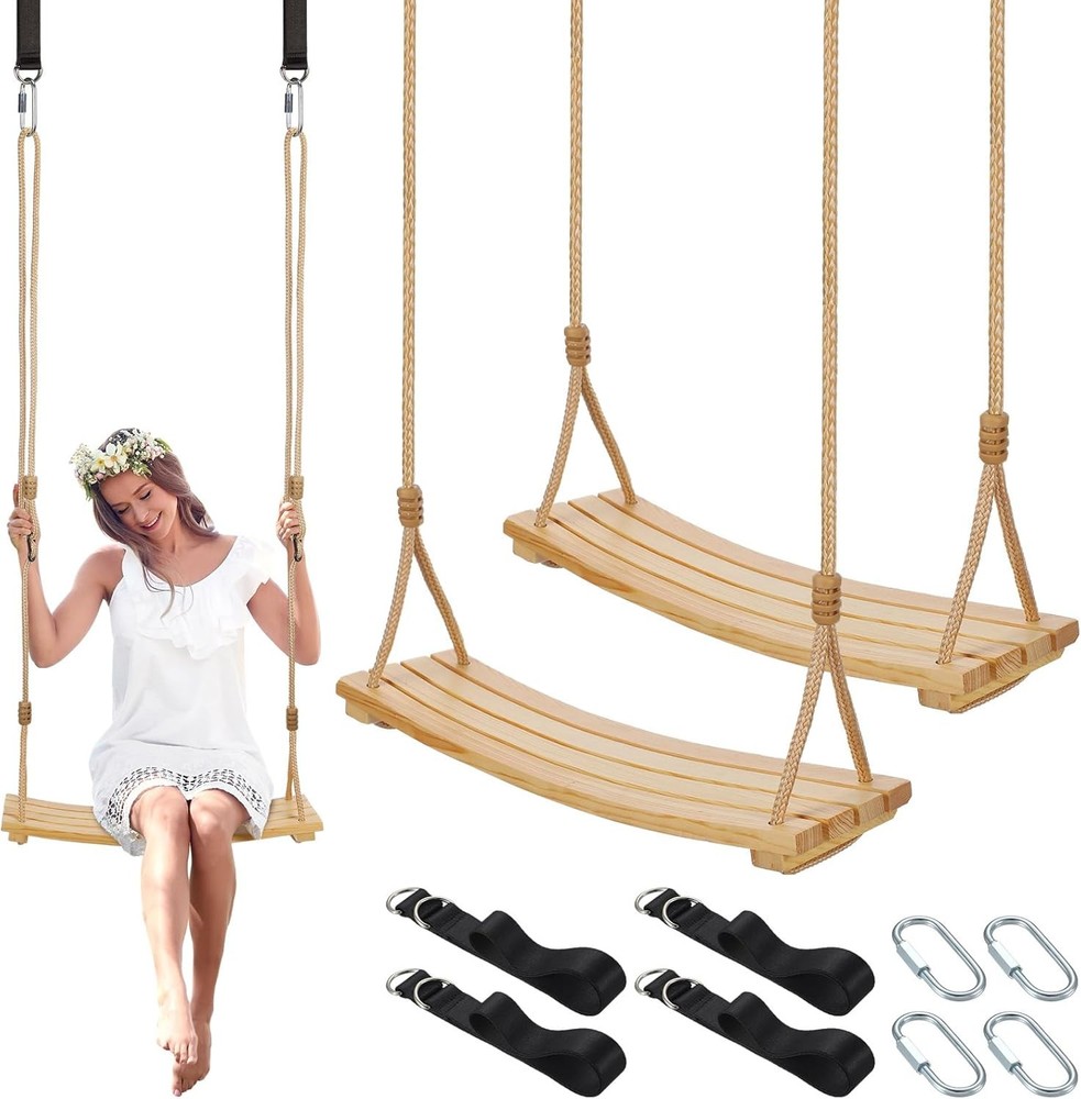 2 Pcs Wood Swing Seat Carbonized Hanging Wood Tree Swing with Adjustable Rope An