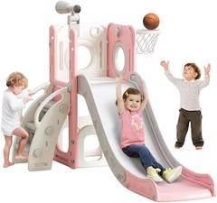 6 in 1 Toddler Playset with Slide Kids Slide with Basketball Hoop Toys Pink