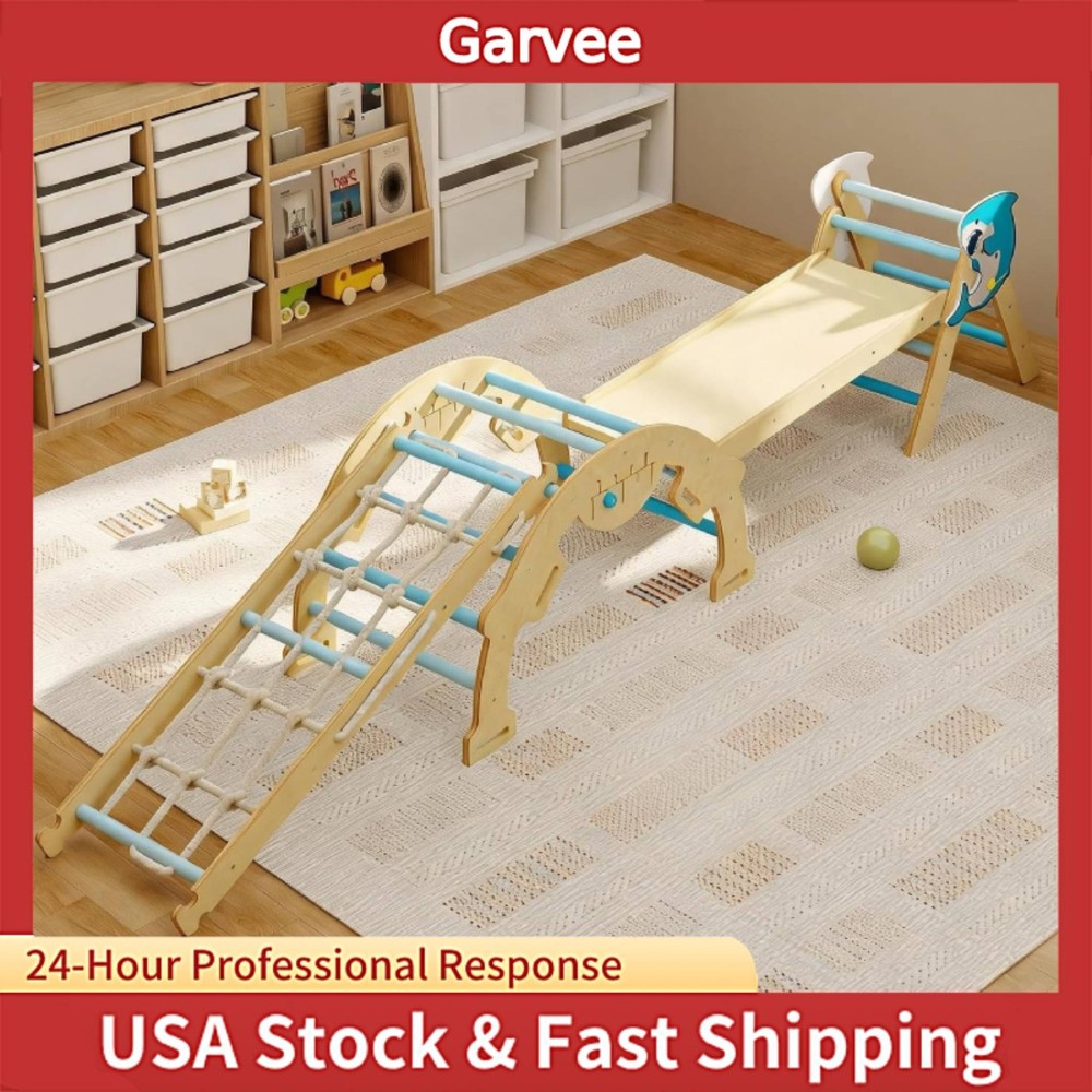Ramp Arch And Ladder Attach To 4-in-1 Wooden Climbing Frame Triangle Indoor Set,