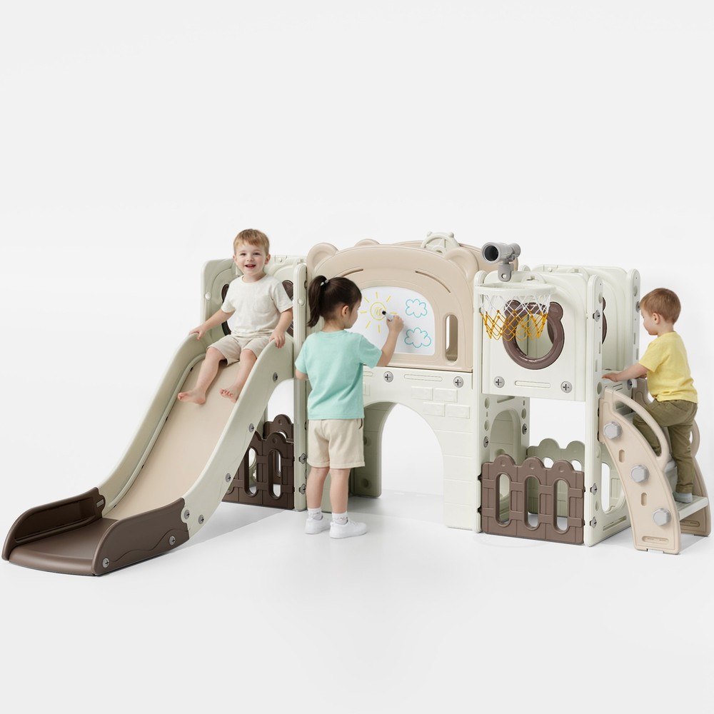 10-in-1 Kids Slide PlaySet w/ Drawing Board, Basketball Hoop, Telescope,Storage