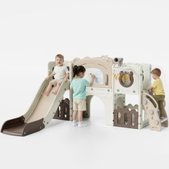 10-in-1 Kids Slide PlaySet w/ Drawing Board, Basketball Hoop, Telescope,Storage