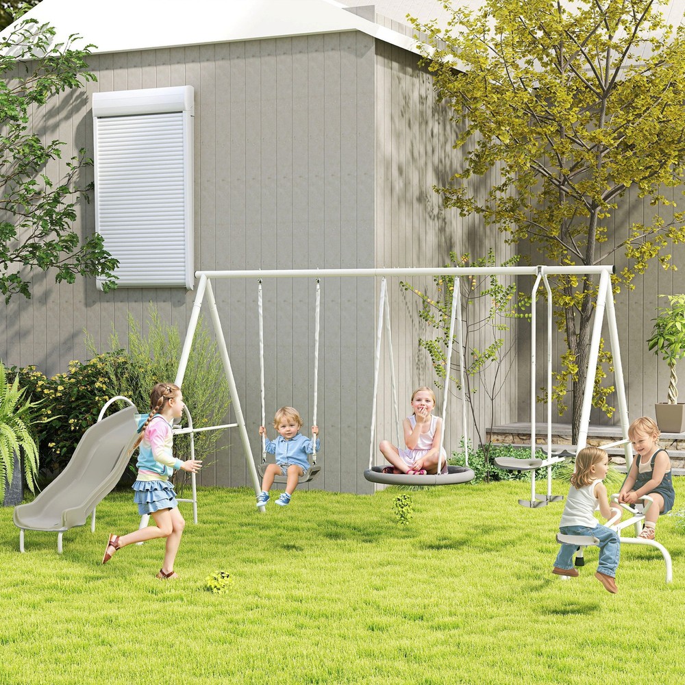 Swing Set for Backyard, 5 in 1 Outdoor Playset, Gray