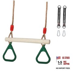 Trapeze Swing Bar with Rings, Wooden Trapeze Swing Bar with Plastic Gym Green