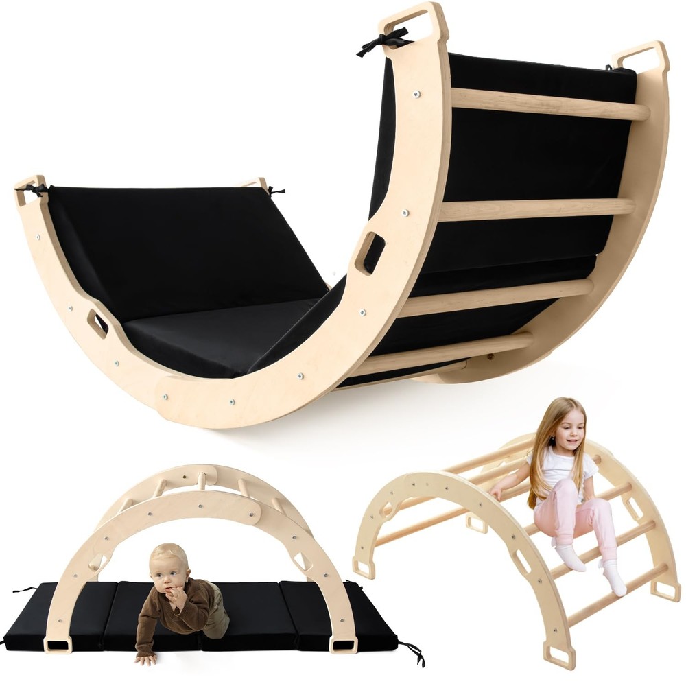 Kids Climber Arch Rocker with Cushion Black, Montessori Climber Indoor Climbing
