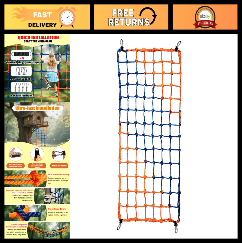 Multi-Colored Climbing Net for Kids – 500 LBS Capacity, Tree House, Wall, Rope B