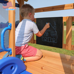 Cedar Wood Swing Set with Wave Slide Play Deck Rock Wall Ladder Belt Swings Chal