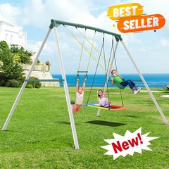 Hapfan 9.5ft Tall Heavy Duty Metal Outdoor Swing Set with 3 Swings & Trapeze Bar