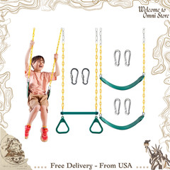 3 Pack Swing Set with Trapeze Bar & Plastic Chain Outdoor Playground Green