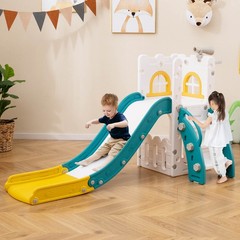 6 in 1 L-shaped Toddle Slide for Toddlers Age 1-3 Baby Slide w/ Basketball Hoop