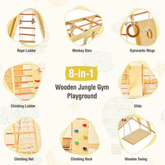 8-In-1 Jungle Gym Playset, Wooden Climber Play Set with Monke Natural