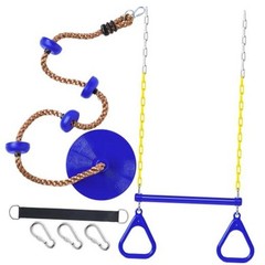 2 Set Gym Ring Trapeze Swing Bar and Climbing Rope with Platforms Disc Blue