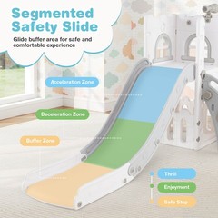 6 in 1 L-shaped Toddle Slide for Toddlers Age 1-3 Baby Slide w/ Basketball Hoop