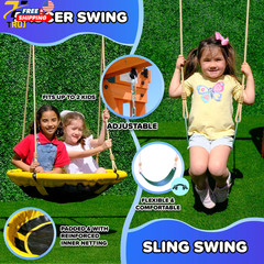Wooden Swing Set with 2 Person Saucer Swing 6′ Blow Molded Slide Heavy Duty Doub