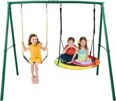 440lb Metal Swing Set Kids Adult Backyard Playset with 2 Swings Heavy Duty Frame