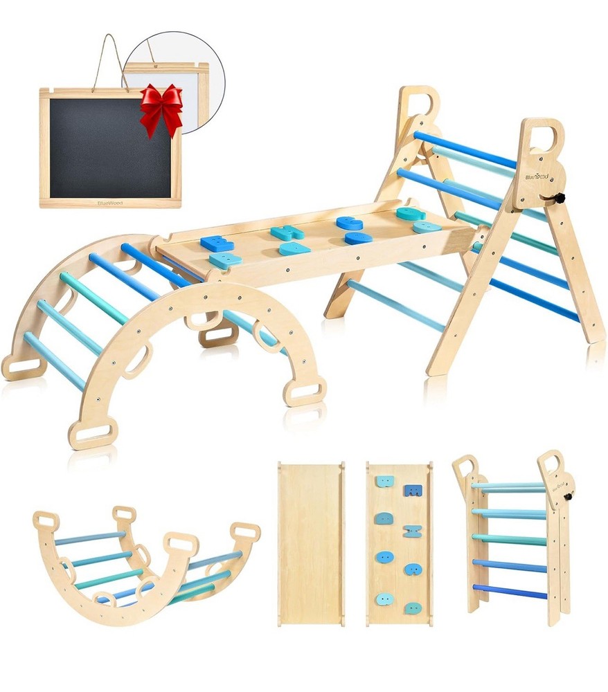 BlueWood Pikler Triangle Set, 7-in-1 Foldable Wooden Toddler Climbing Toys