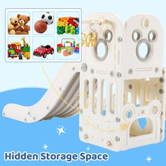 4 in 1 Kids Slide Toddler Climber Playset w/ Basketball Hoop and Store Space