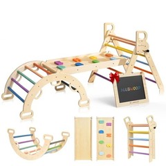 Pikler Triangle Set, Foldable Wooden Toddler Climbing Toys No Cushion Rainbow