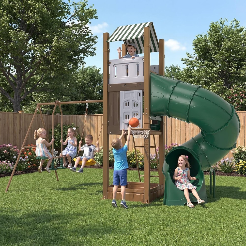All in 1 Outdoor Swing Sets Large Playset for Toddlers, Galvanized Steel & PE