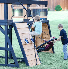 Timber Crossing Swing Set – Cedar Wood Outdoor Playset, Rock Wall, Slide, Swings