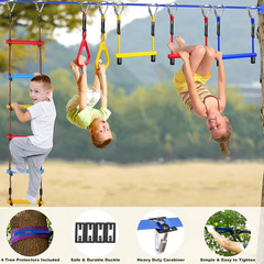 Ninja Warrior Obstacle Course for Kids Backyard-65Ft Slackline Kit with 13 Obsta