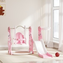 4 in 1 Toddler Slide and Swing Set w/ Climber, Basketball Hoop, Pink